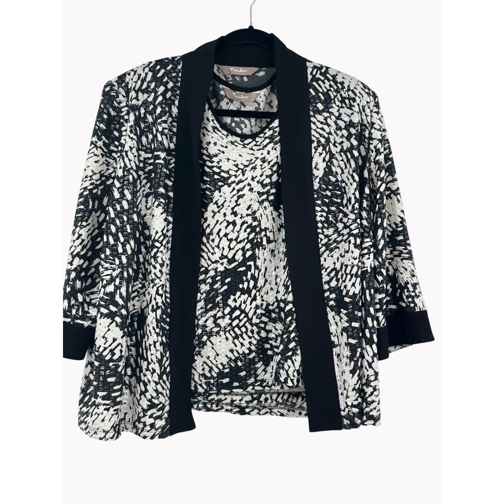 TanJay Petite Size L 2 Pc Set Black White Abstract Textured Tank Jacket